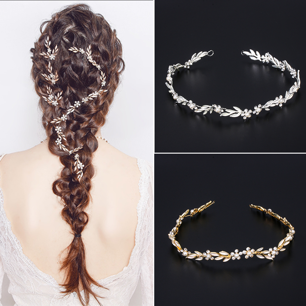 Bride Crystal Headband Bridal Hair Vine Hair Jewelry Pearl Leaf Hair Ornaments Rhinestone Crown Wedding Hair Accessories