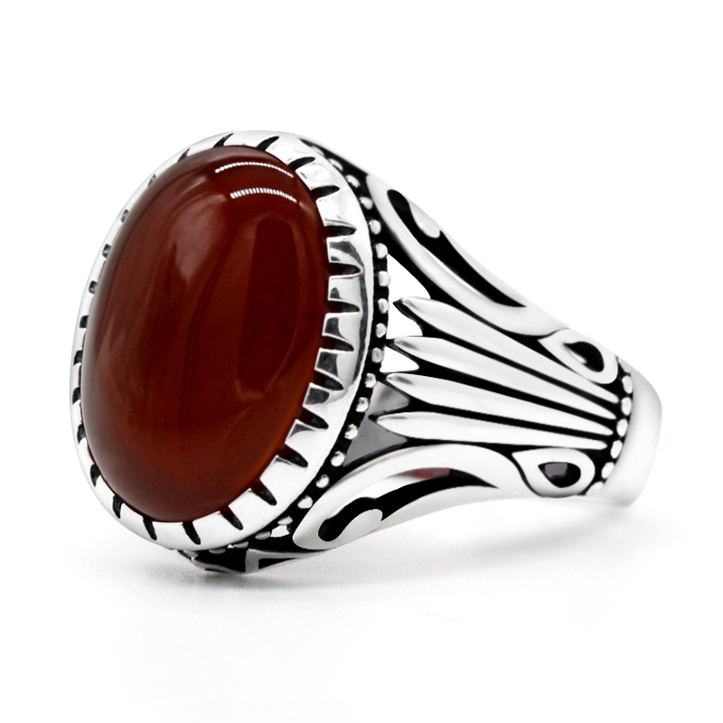 Natural Agate Ring for Men 925 Sterling Silver with Big Red Stone Vintage Rings Hollow Design for Male Women Thai Silver Jewelry