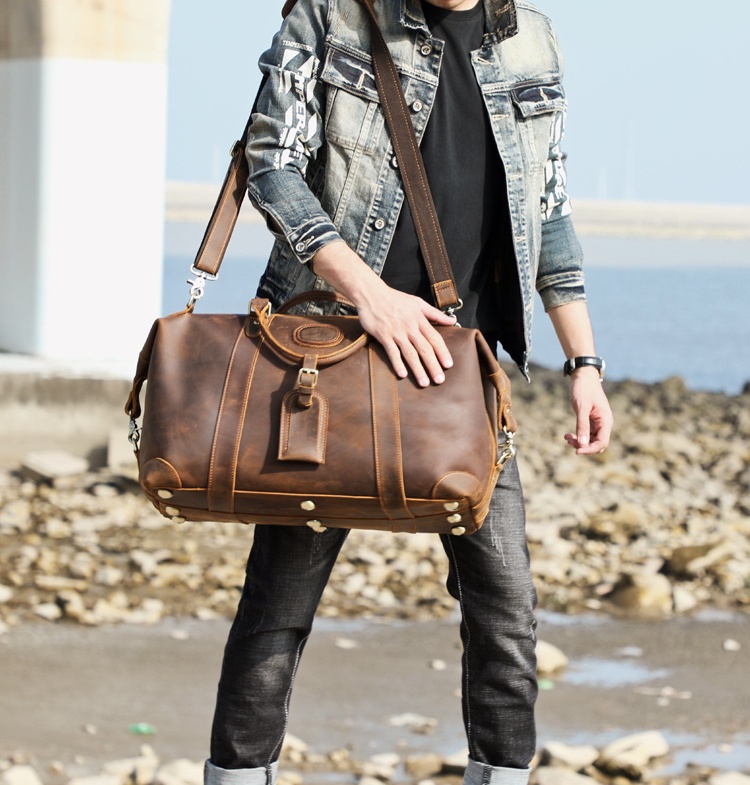 Retro Genuine Leather Retro Large Capacity Men Leather Duffle Bag Vintage Shoulder Bag Cowhide Weekender Bag Man Totes Handbag