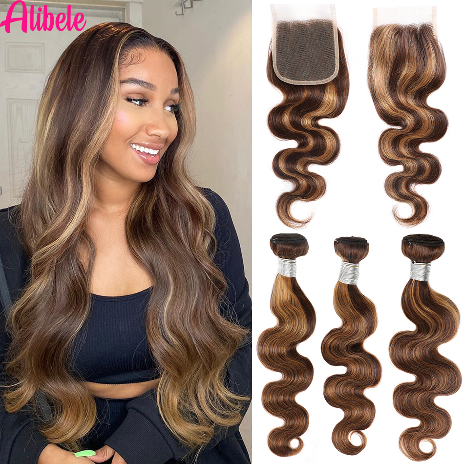 Alibele Highlighted Body Wave Human Hair Bundles With 4x4 HD Lace Closure Pre-Plucked P4/27 Color Peruvian Remy Hair Extentions