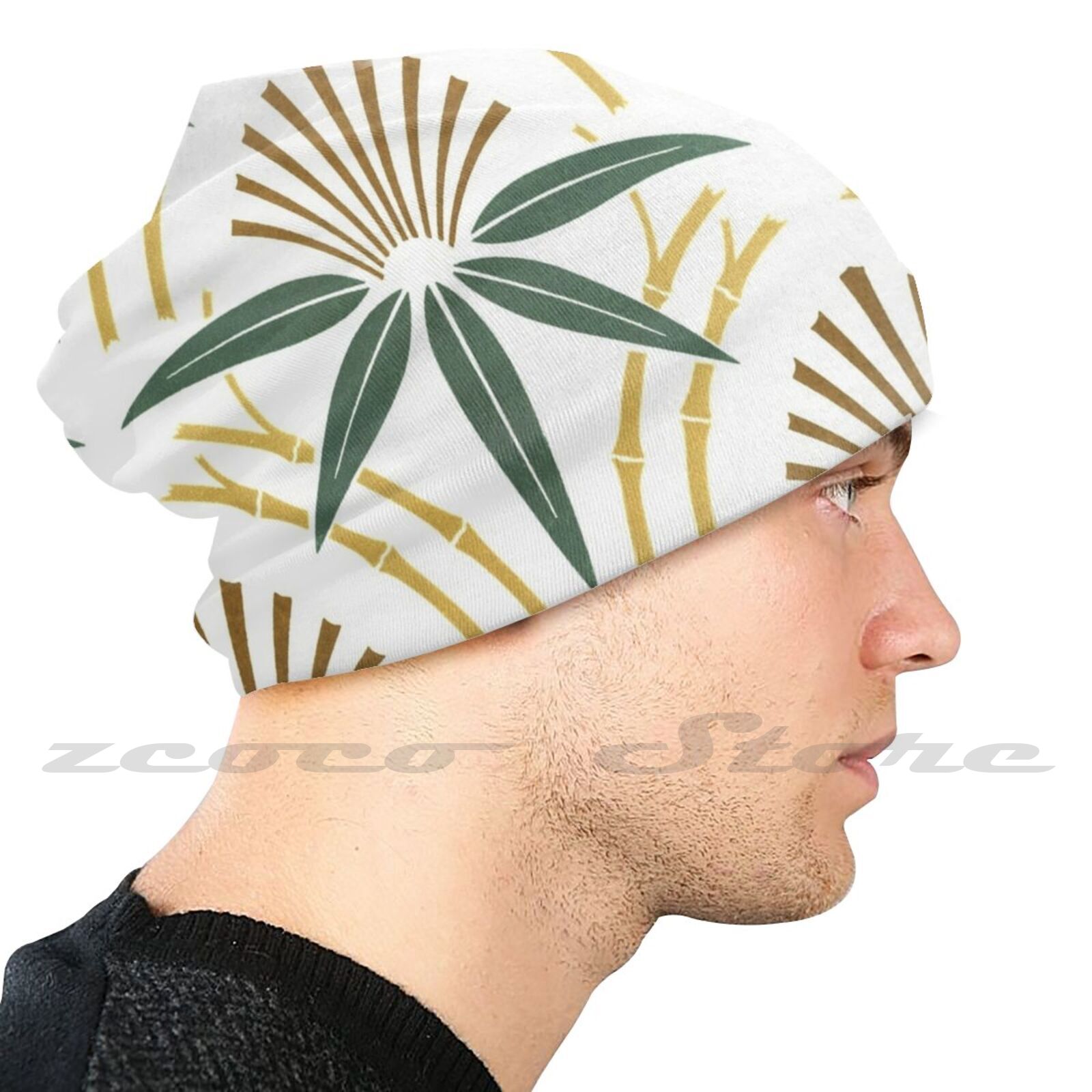 Vibrant Lucky Bamboo Print Knit Hat Hedging Cap Soft Elasticity Outdoor Sports Leisure Lucky Fortune Bamboo Leaves Trees Sprout