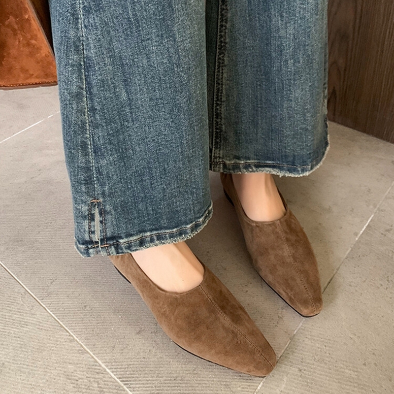 NEW Spring/Autumn Loafers Sheep Suede Leather For Square Toe Chunky Heel Soft Shoes Black Shallow Women Pumps