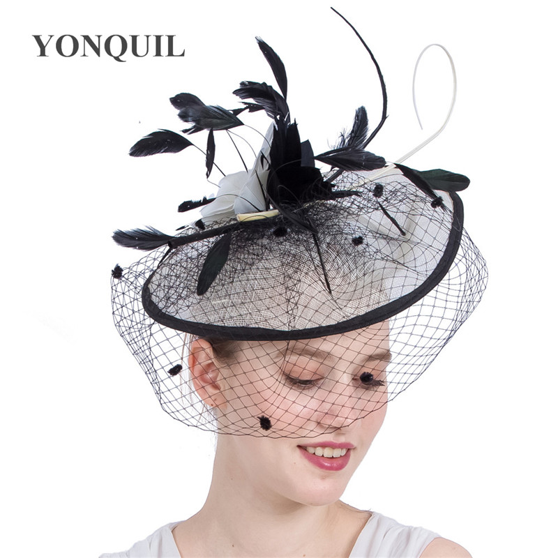 Vintage Feather Flower Fascinators Derby Cocktail Hats Ladies Wedding Headwear Holiday Women Dot Veil Headband Hair Accessories