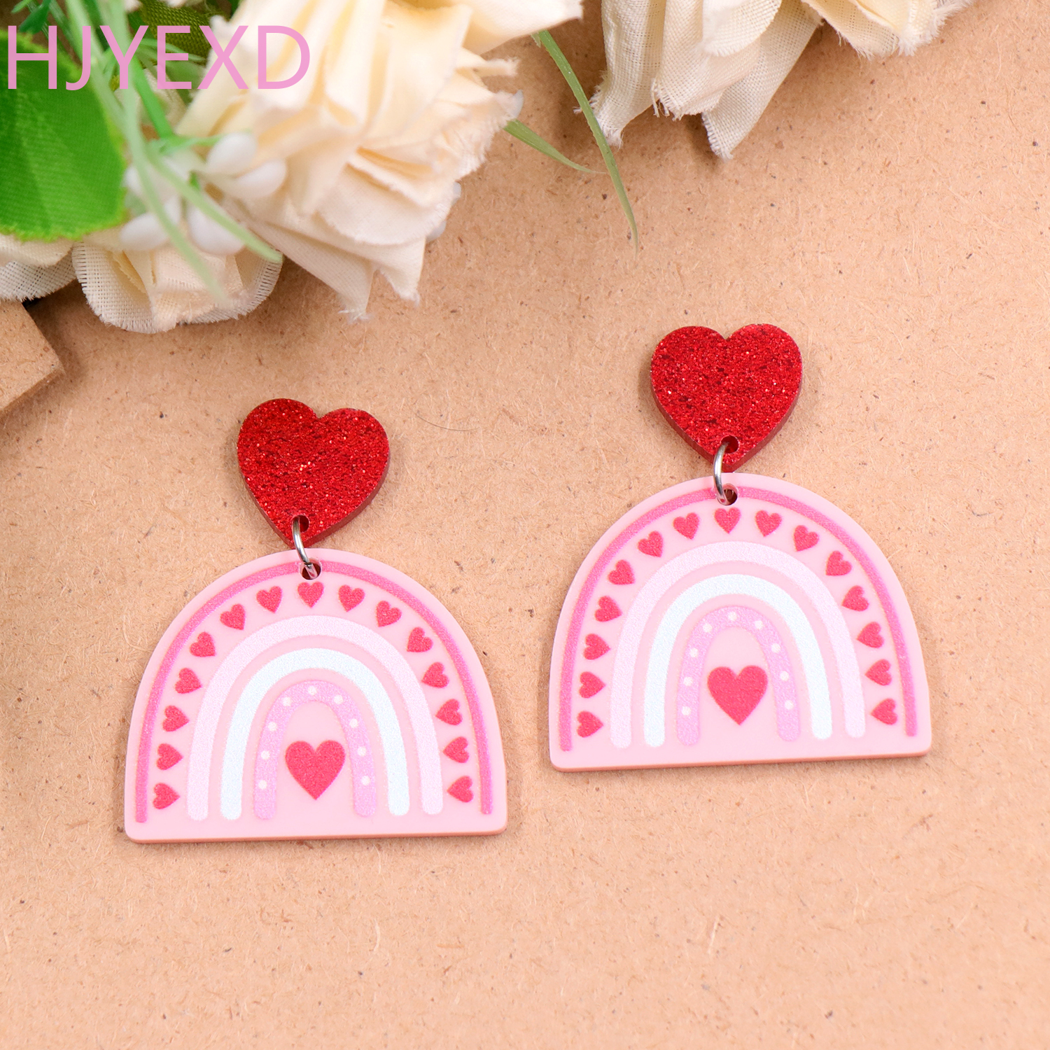 Valentine Gift Rainbow Heart Earrings For Women Laser Cut Glitter Pink Acrylic Earrings Jewelry