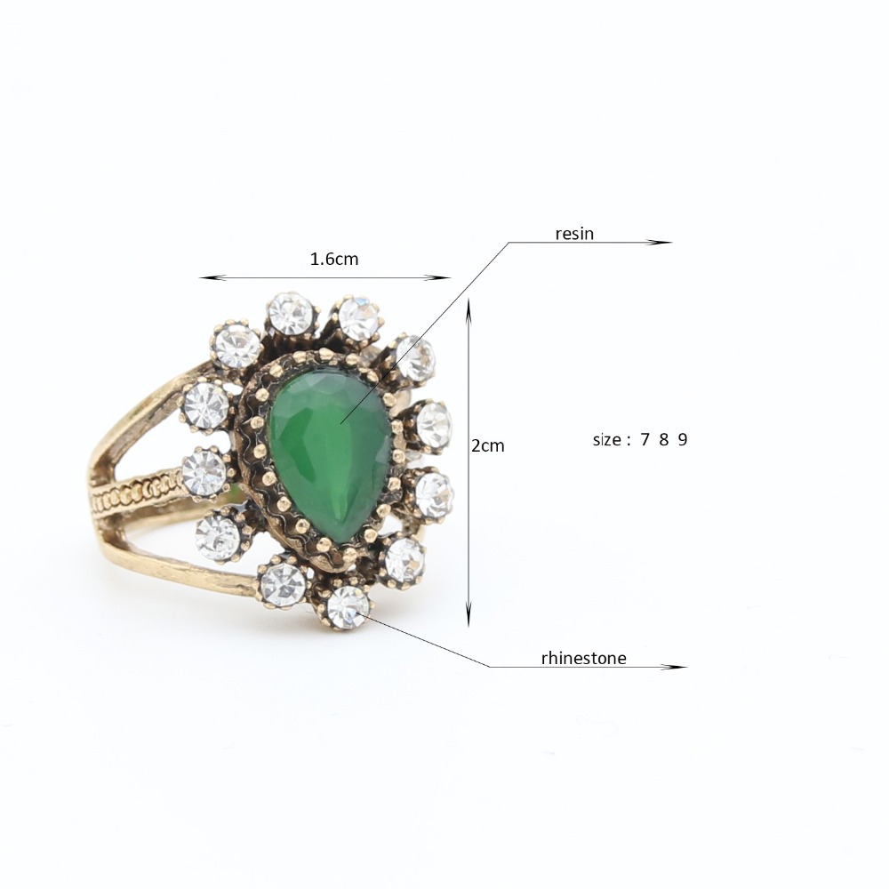 Exquisite Women Resin Water Drop Ring Antique Gold Color Hollow Broadside Flower Vintage Ring Arabia Bridal Wedding Jewelry