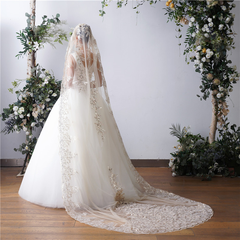 Luxury 3M Lace Edge Champagne Bridal Wedding Veils One-layer Sequin Appliqued Full Lace Adult Cathedral Veil Accessoires Mariage