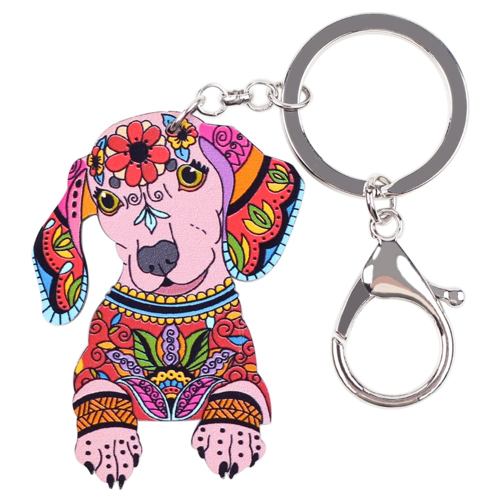 Bonsny Acrylic Statement Dog Jewelry Dachshund Key Chain Key Ring Pom Gift For Women Girl Bag Charm Keychain Pendant Jewelry