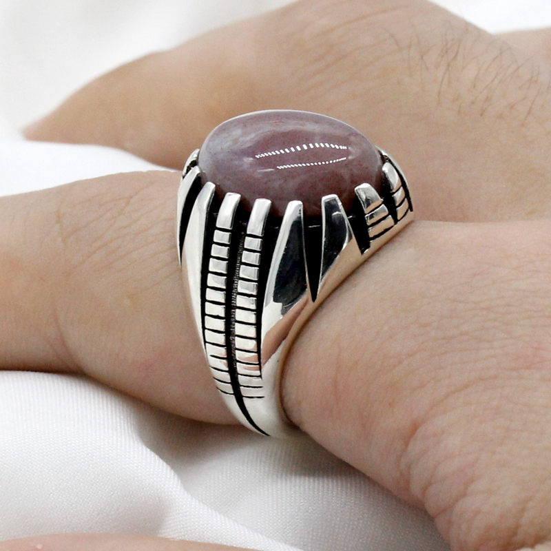 India Agate Ring for Men Punk 925 Sterling Silver Natural Gemstone Turkey Handmade Jewelry Party Christmas Gift for Male Women