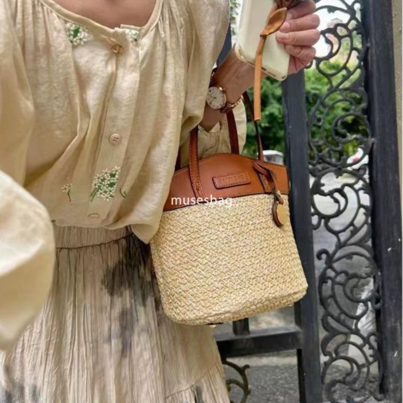 High quality women's fashionable and practical multi-functional grass woven beach bag splicing handbag niche design retro contrasting color bucke