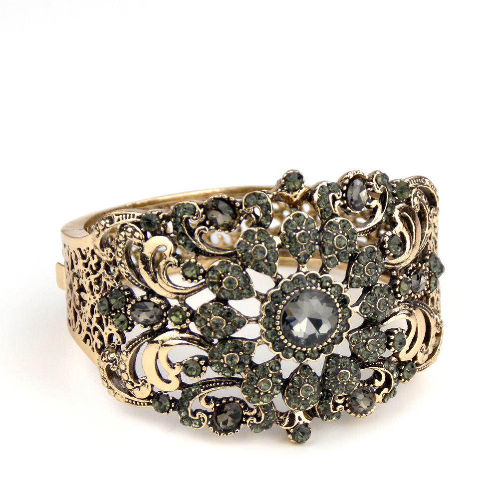 Sunspicems Vintage Indian Turkish Bangle Cuff Bracelet For Women Antique Gold Color Crystal Bohemia Algeria Wedding Jewelry