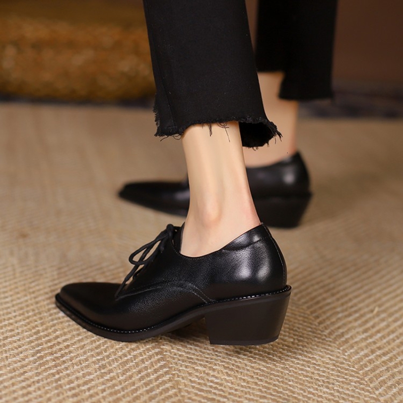 NEW Spring/Autumn Pumps Genuine Leather For Women Pointed Toe Chunky Heel Casual Black Lace-Up Handmade Shoes