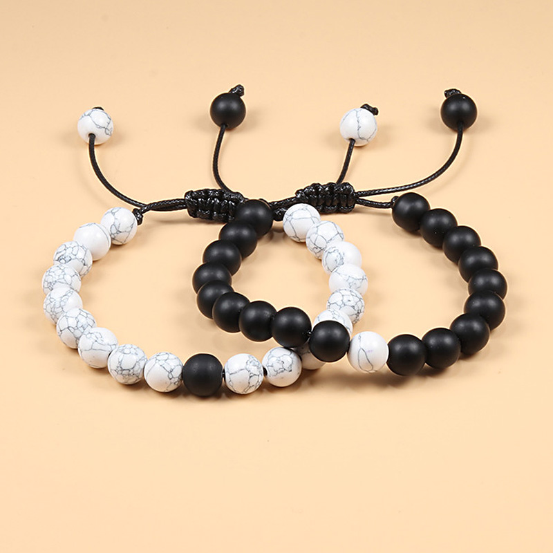 Braided Rope Couple Set Bracelet Black White Beaded Natural Tiger Eye Lava Stone Bracelets Charm Jewelry Gifts for Bets Friends