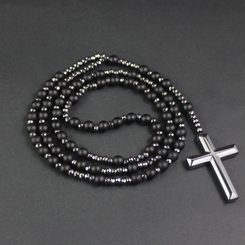 Religious Cross Pendant Necklace Men Hematite Beads Necklace Black Flash Beads Necklace Women Chart Long Chain Necklace QJ-01