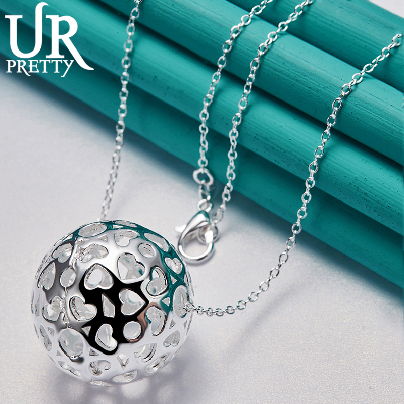 URPRETTY 925 Sterling Silver Hollow Exquisite Ball Pendant Necklace 16/18/20/22/24/26/28/30 Inch Snake Chain For Woman Jewelry