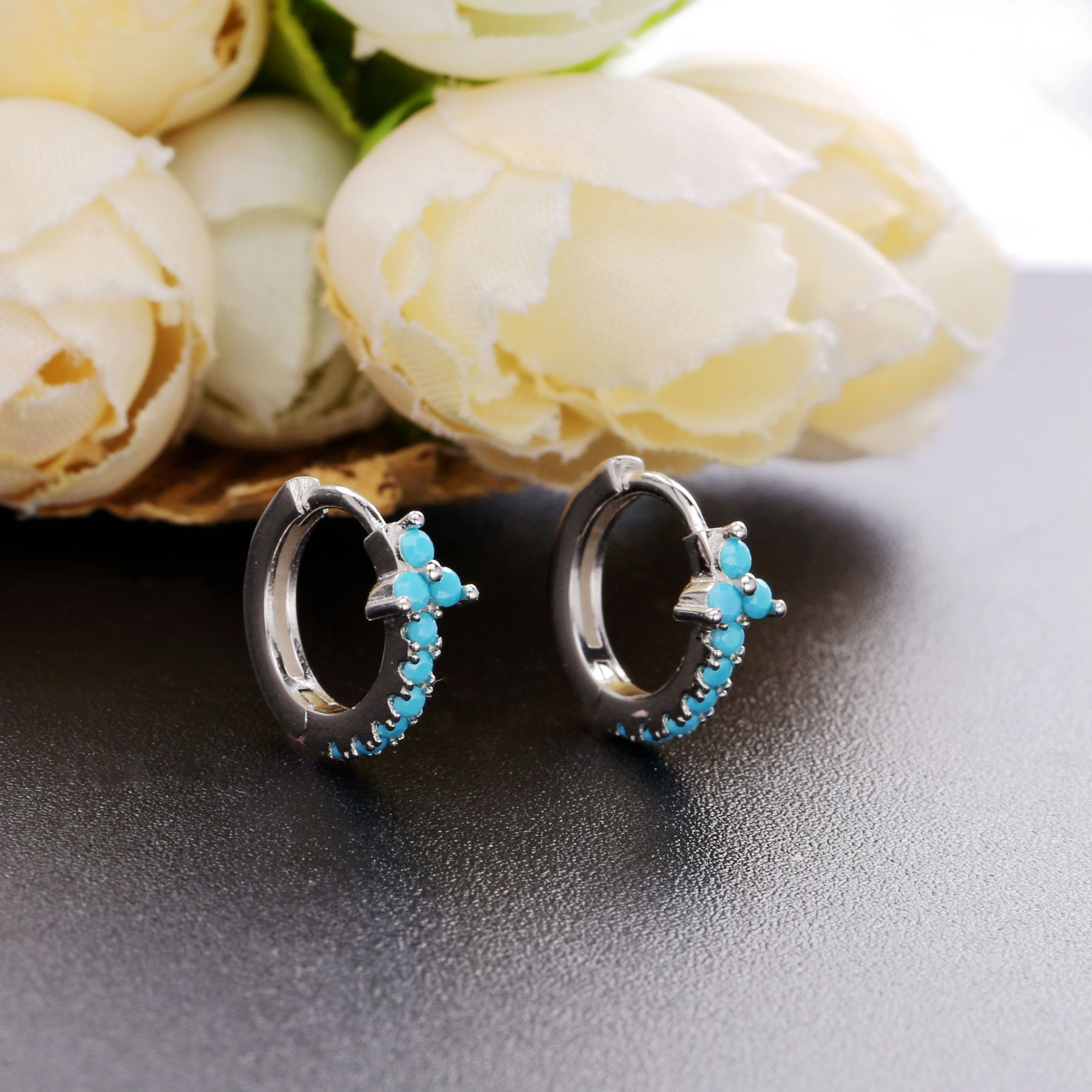 Moonmory 925 Sterling Silver Turquoise Hoop Huggies Earrings For Women Blue Stone CZ Circle Female Engagement Earring Jewelry