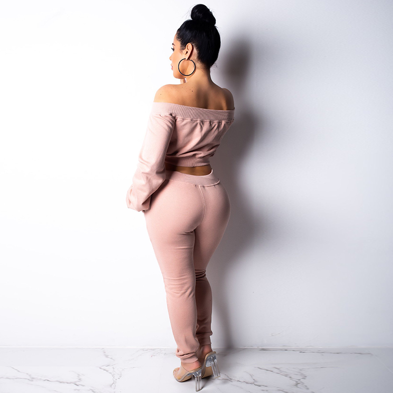 Sexy Club TWO PIECE SET Women Crop Top Cross Lace Up Long Sleeve Twin Suit Off Shoulder Sweatshirt Outfits Streetwear Tracksuit