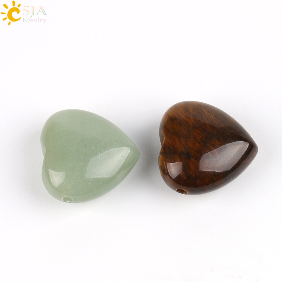 CSJA Natural Gem Stone Love Heart Pendants Lapis Lazuli Tiger Eye Clear Crystal Pink Quartz Opal Reiki Chakra DIY Jewellery E570