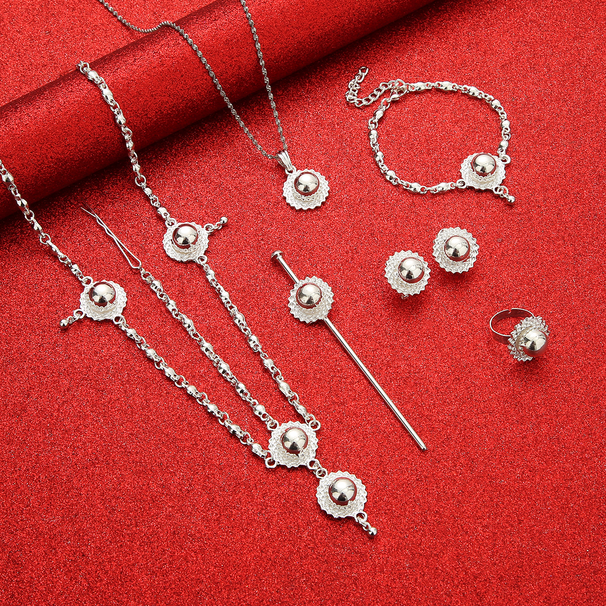 African Ethiopian Ethnic Habesha Africa Bridal Jewels For Silver Plated 6pcs Necklaces Ring Bracelet Women Jewelry Sets