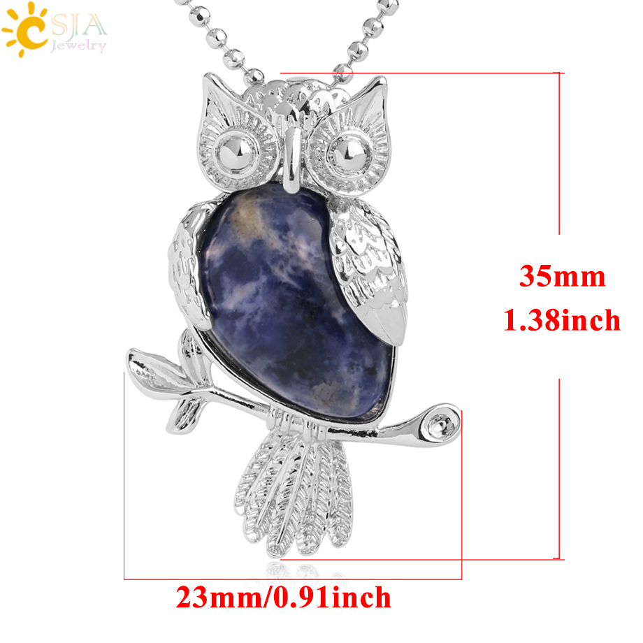 CSJA Water Drop Natural Stone Necklace & Pendants Owl Shape Pink Quartz Sodalite Crystal Trendy Charm Jewelry for Women Men G077