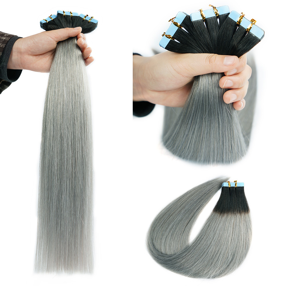 Veravicky Ombre T1B-Grey Color Tape in Hair Extensions 50G 20pcs 100% Real Remy Human Hair Black Rooted to Grey 14 to 24inch