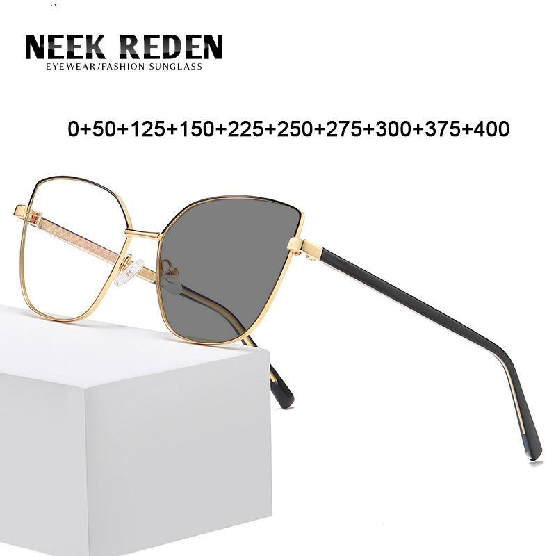 Alloy Cat Eye Photochromic Reading Glasses Retro Women Big Frame Computer Presbyopia Eyeglasses +0.5 0.75 1.75 2.75 3.0 3.75 4.0