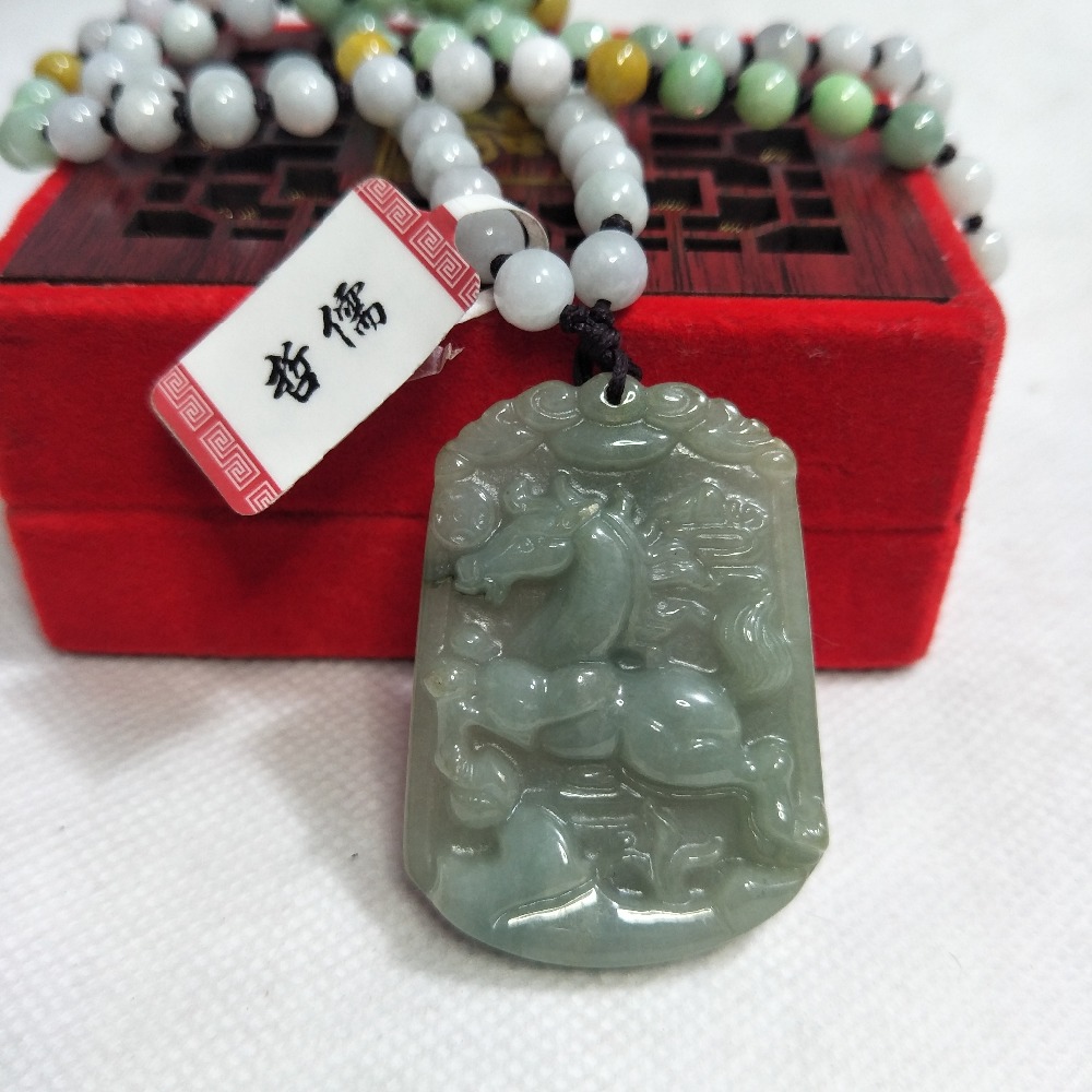 Zheru Jewelry Pure Natural Jadeite Dark Green Zodiac Horse Pendant Tricolor Jade Bead Necklace Send A Country Certificate