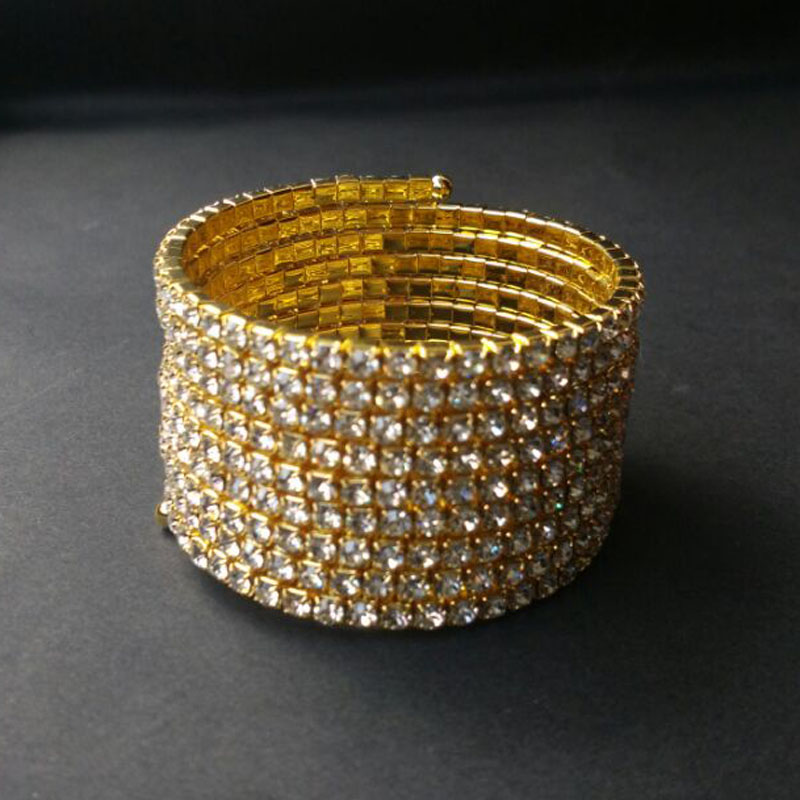 9-Row Spiral Rhinestone Bangles Silver Plated and Gold Color Bridal Wedding Crystal Bangle Bracelets for Women