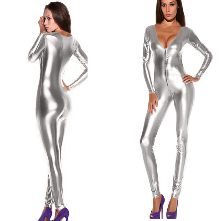 Sexy V Neck Shiny Gold Jumpsuit For Women Faux Leather Bodysuit Zipper Open Crotch Erotic Latex Catsuits Night Culb Dance Wear