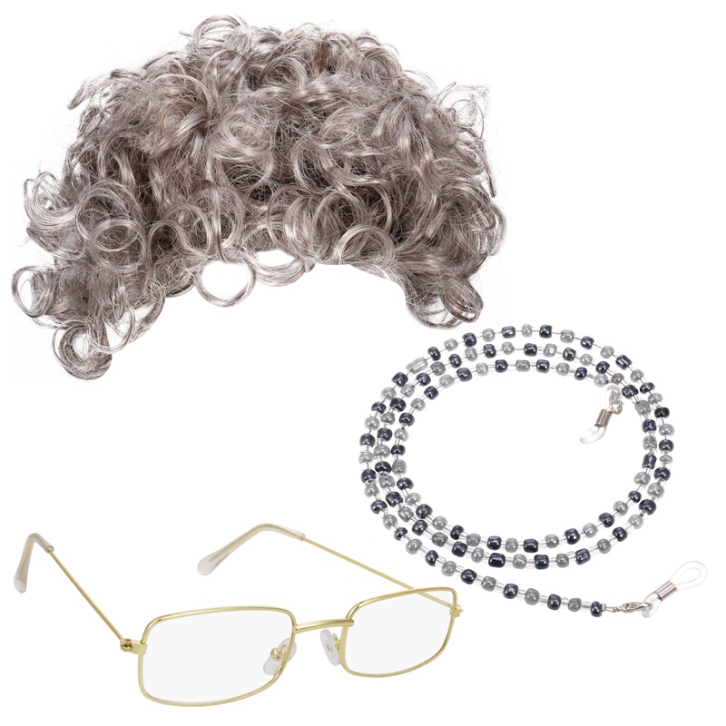 Grandmother Headwear Old Lady Cosplay Costume Set Role Play Suit Glasses Hair Necklace Sets Christmas Halloween Women Wigs
