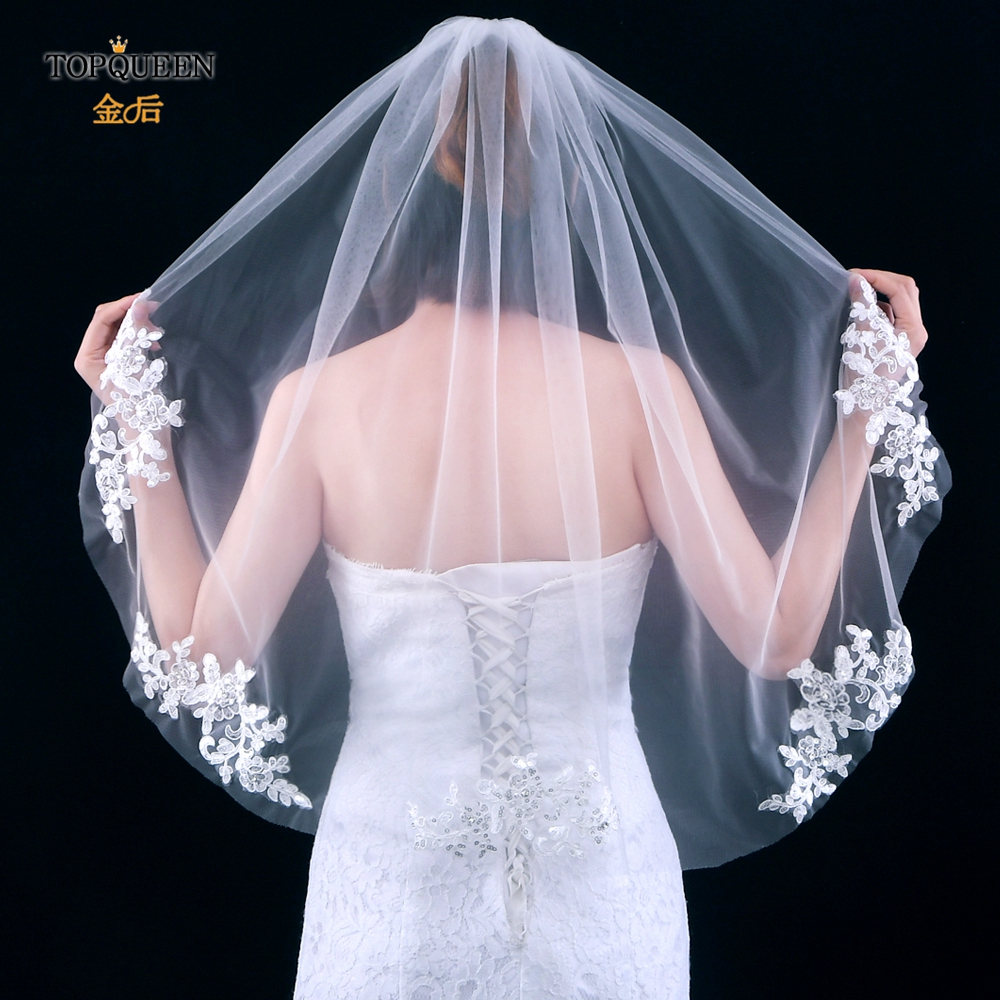 TOPQUEEN V49 100% Handmade Bridal Veil with Comb Lace Embroidery Women's Short Veil Wedding Veils with Lace Shiny Sparkl