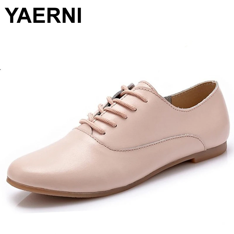 YAERNI Spring women oxford shoes ballerina flats shoes women genuine leather shoes moccasins lace up loafers white 051