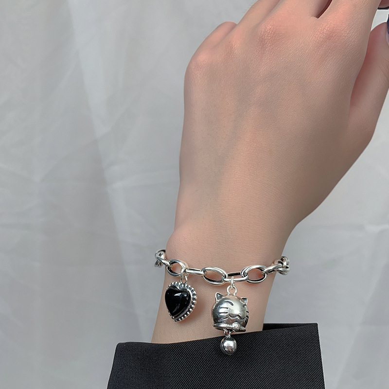 100% 925 Sterling Silver Sweet Cat Animal Bell Black Love Heart Resin Ladies Charm Bracelets Jewelry For Women Gifts No Fade