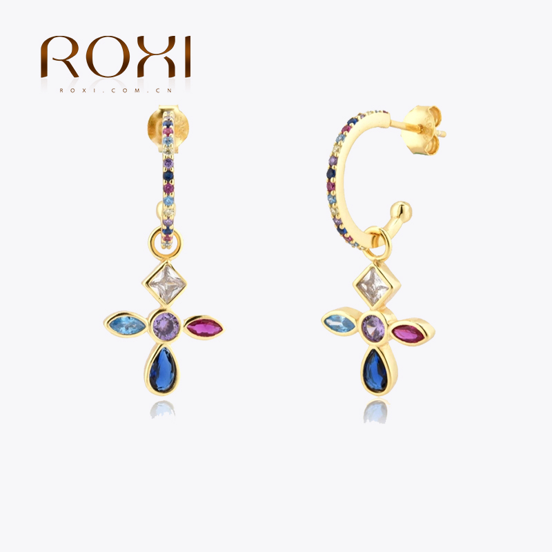 ROXI Copper Colorful Cross Hoop Earrings for Women Girls Summer Jewelry Earring Brincos C Shape Ear Studs Long Huggie Earrings