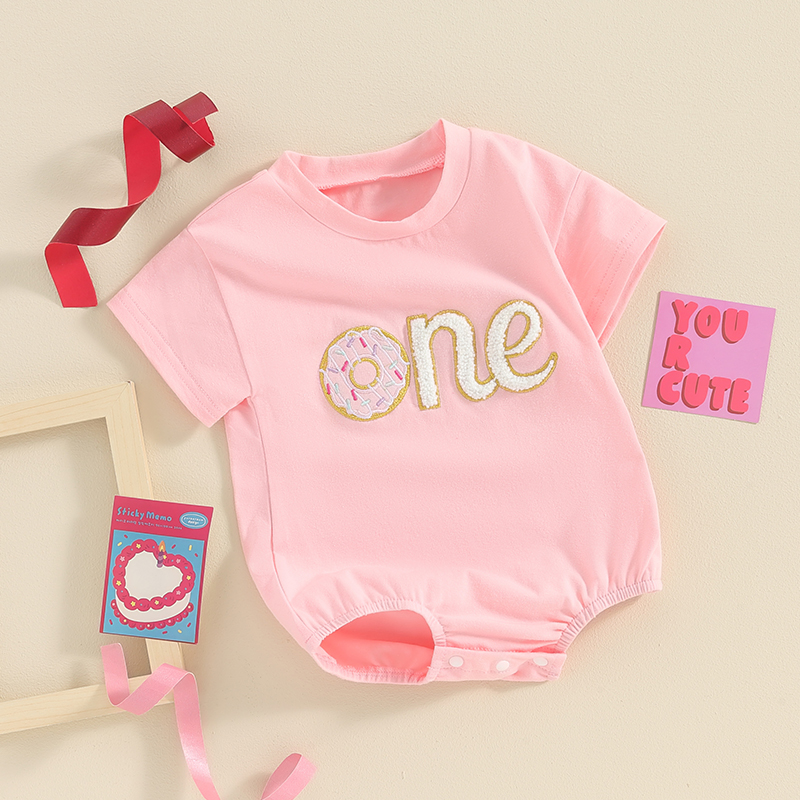 FOCUSNORM Newborn Baby Girls Boys Cute Romper 0-18M Summer Donut Letter Embroidery Short Sleeve Birthday Jumpsuits