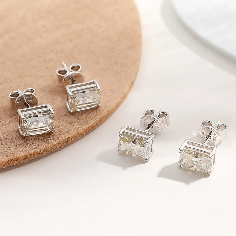 NKHOG 5*7mm Radiant Emerald Cut Moissanite Stud Earrings S925 Silver Plated 18K Gold Women Rectangle Diamond Gifts Jewelry GRA