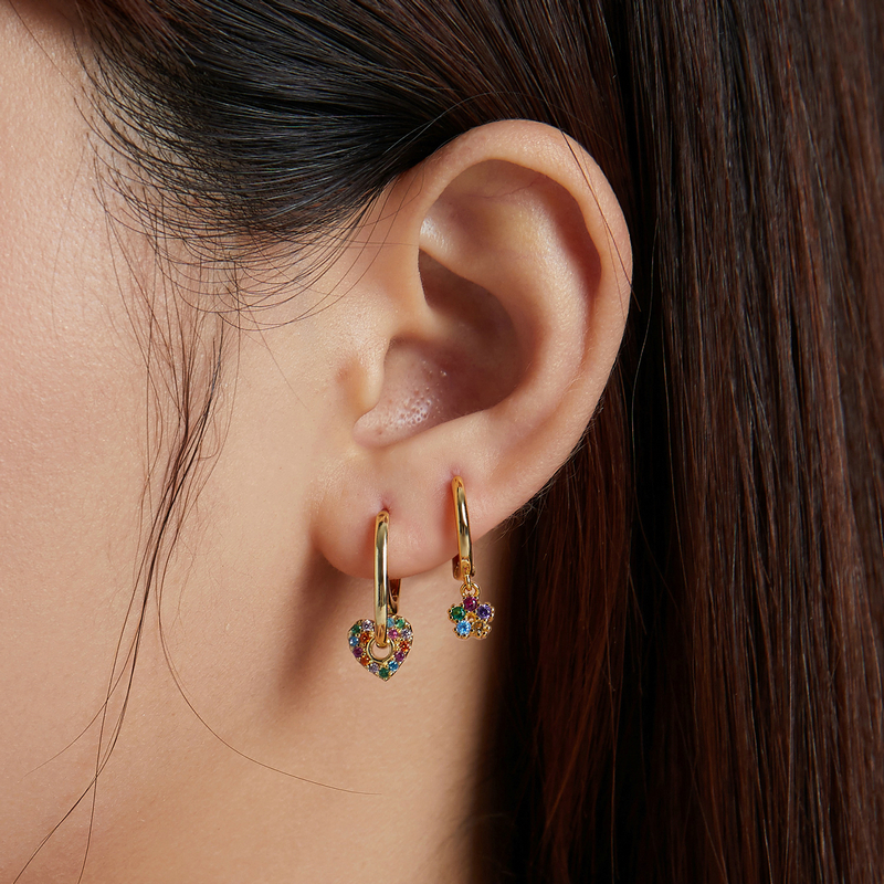 BAMOER 925 Sterling Silver Mono-earring Spanish Gold Pentagram Colorful Circle Heart Flower CZ Starfish Stud Earrings Jewelry
