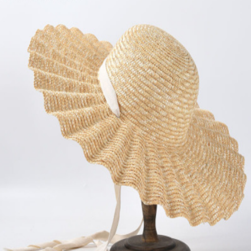 Natural Large Wide Brim Wavy Ruffles Hats wheat-straw Hat Women Summer Fringe Beach Hat Weave Sun Hat With Black&White Belt