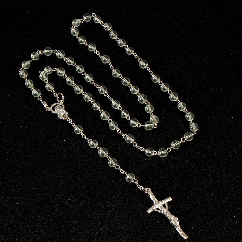 6mm Blue Pearl Beads Rosary Pendant Necklace Alloy Cross Virgin Mary Center Accessories Christian Catholic Religious Jewelry