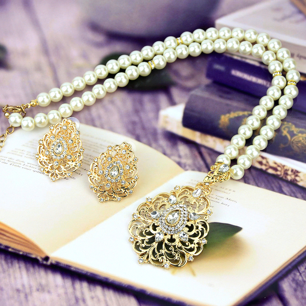 Sunspicems Gold Color Algeria Morocco Pearl Wedding Jewelry Crystal Belt Crown Earring Necklace Bangle Sets 5pcs Bridal Bijoux