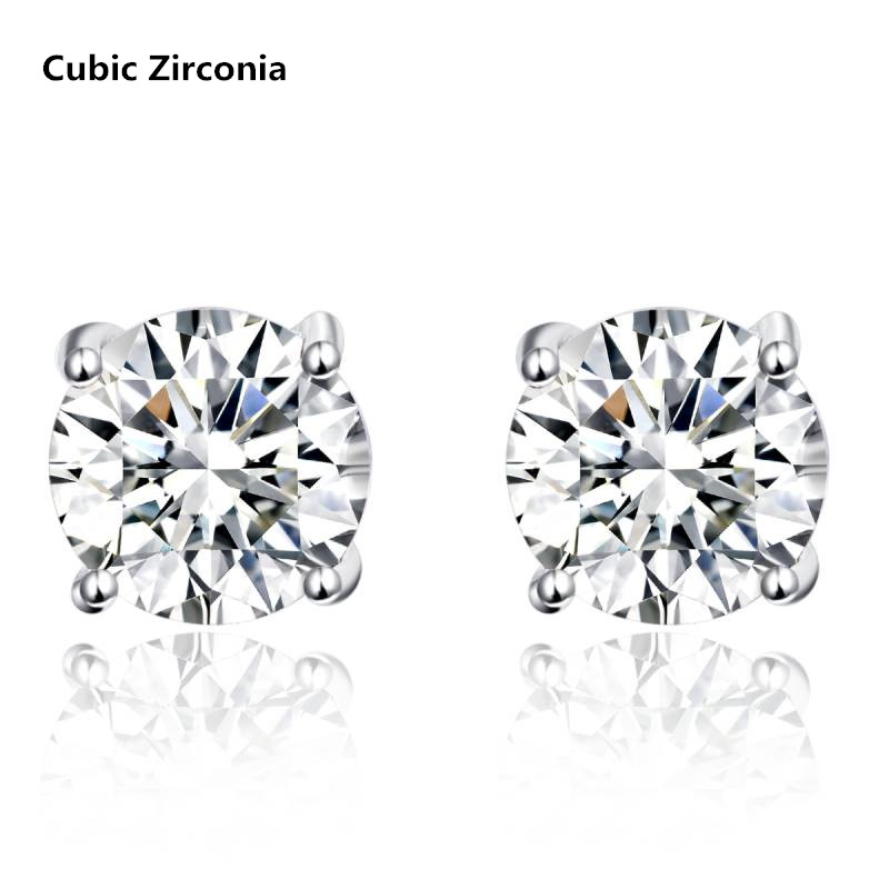 Women Natural Stone Earrings 100% 925 Sterling Silver Stud Earrings Classic Style Round Amethyst Citrine Topaz Fine Jewelry