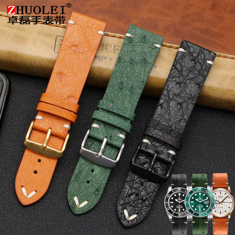 High Quality Ultra-thin soft handmade ostrich leather green general watch strap18 20mm 22mm Orange brown black watch straps Men
