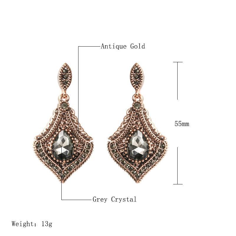 Kinel Vintage Turkish Gray Crystal Earring for Women Ethnic Wedding Jewelry Antique Gold Color Love Gift Wholesale