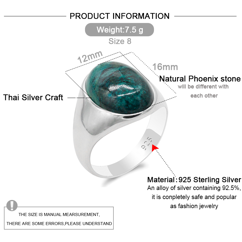New Men's Ring with Natural Phoenix Stone for Women Jewelry 925 Sterling Silver Vintage Simple Turkey Wedding Anniversary Rings