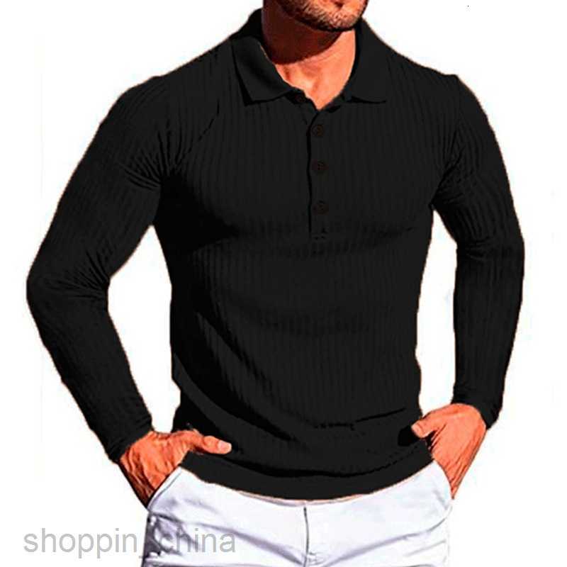 Men Polos Shirts Summer Sports Fitness Leisure Stand up Neck Elastic Vertical Stripe Long sleeved POLO Shirt for Men tops