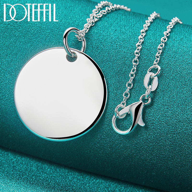 DOTEFFIL 925 Sterling Silver Round Card Tag Pendant Necklace 18-30 Inch Chain For Women Brand Jewelry Wedding Engagement Gift