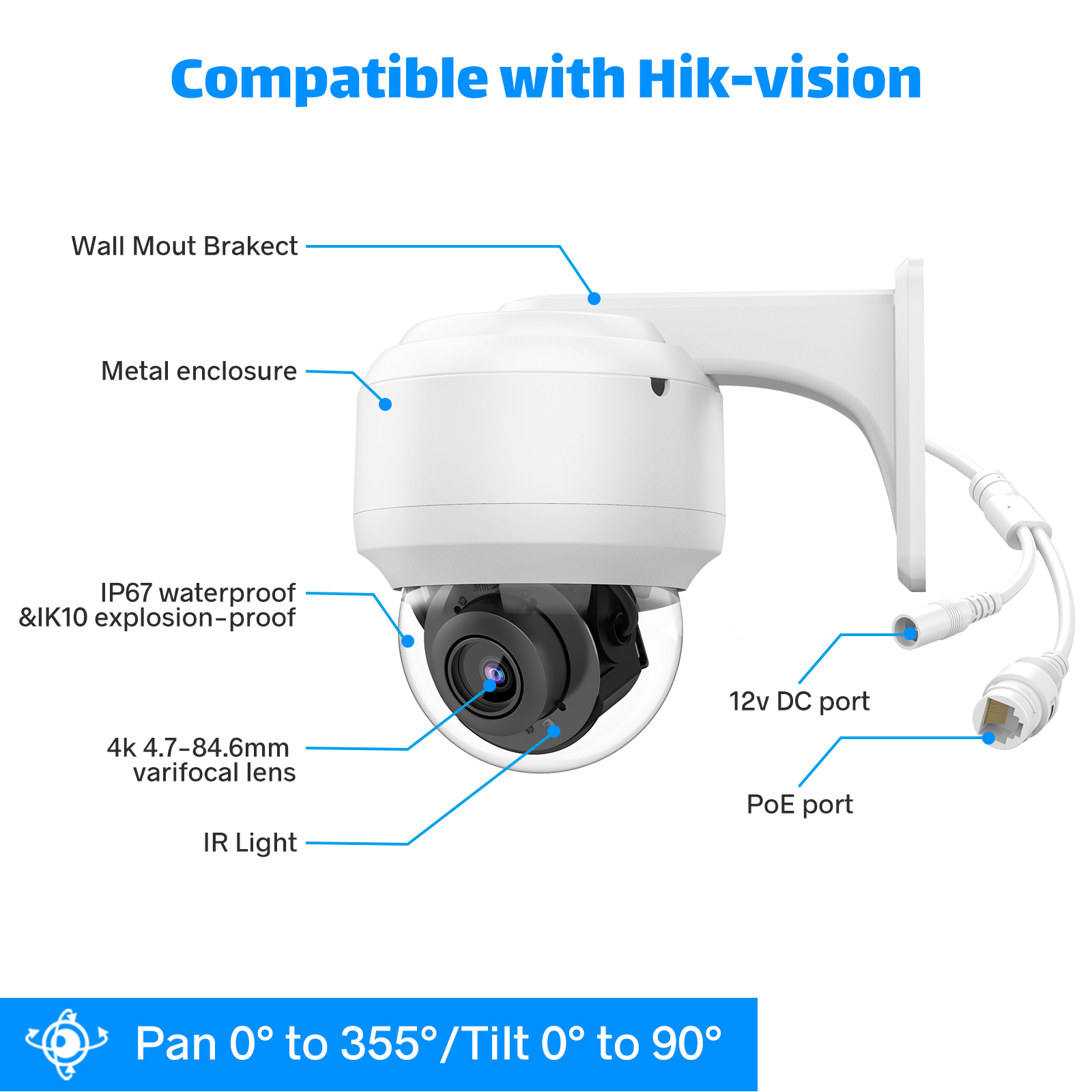 4K PTZ IP Camera 5MP 8MP PoE High-Speed Dome 4X Optical Zoom Built-in Mic Outdoor IP66 Include Wall Bracket HIK Protocol