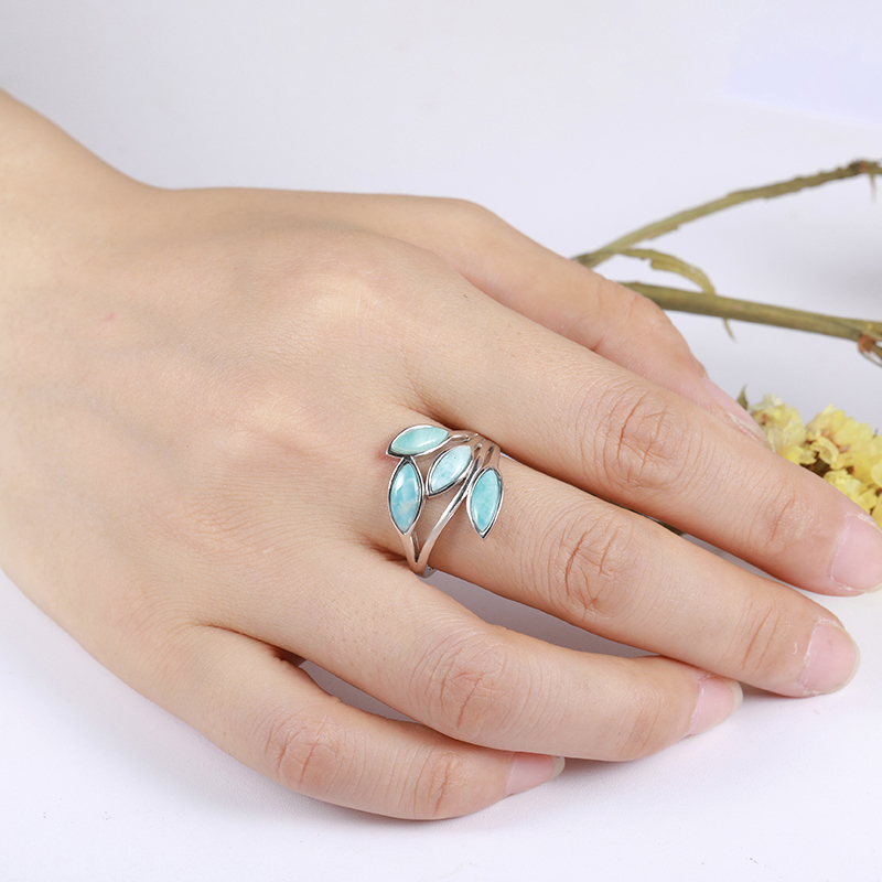 Olive Branch Give the Mother Gift 925 Sterling Silver Natural Gemstones Larimar Ring for Women Simple Female Jewelry Dating
