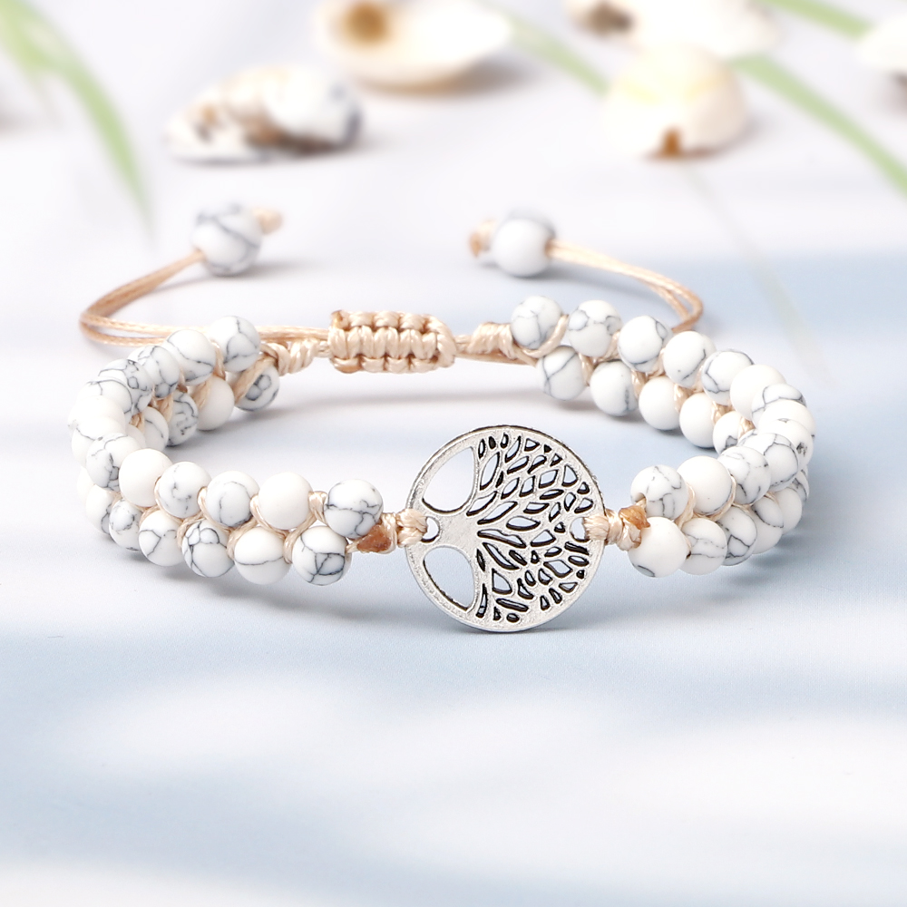 Beaded Bracelet 4mm Handmade White Howlite Stone Charm Tree of Life Reiki Mala Healing Bracelets Women Men Yoga String Jewelry