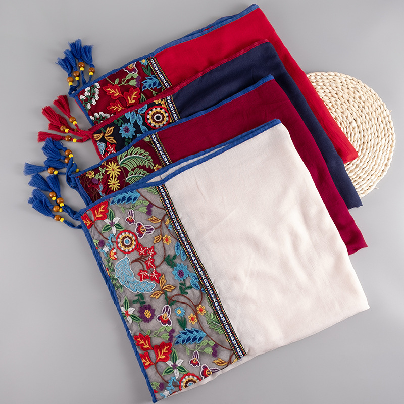 Ethnic Embroidery Women Winter Foulard Elegant Flower Long Scarf Muslim Hijab Shawl Beautiful Travel 85*180cm