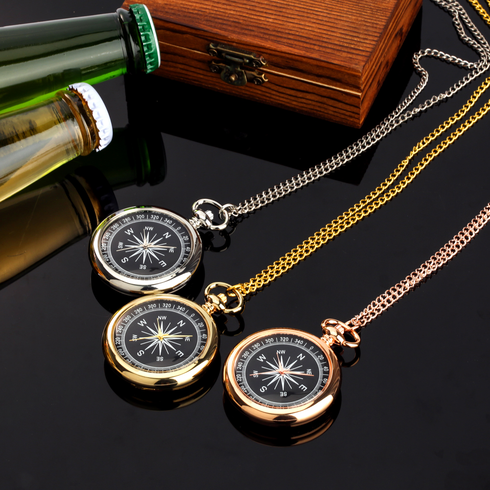 Rose Gold/Silver/Gold Open Face Quartz Necklace Watch Men Women Charm Compass Pattern Dial Chain Pendant Vintage Pocket Clock